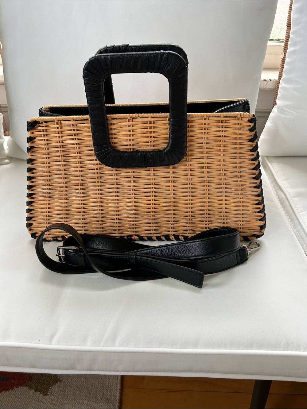 BCBG woven rattan bag with leather wrapped handles shoulder strap
